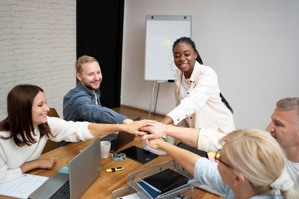 Professionals collaborating around a conference table